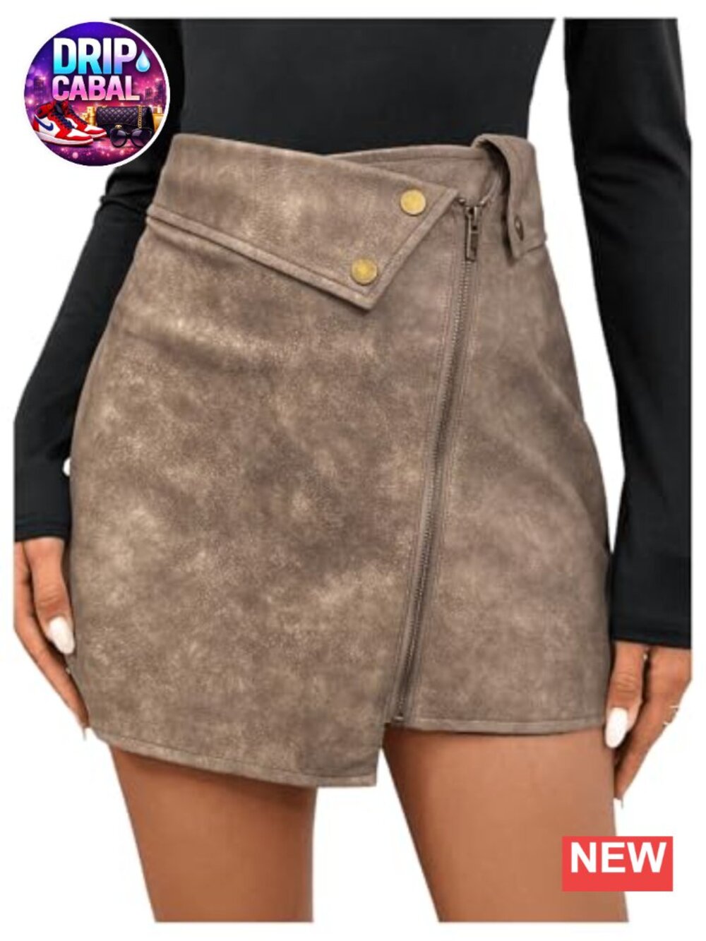 Vintage PU Leather Zip Up High Waist Asymmetrical Mini Skirt